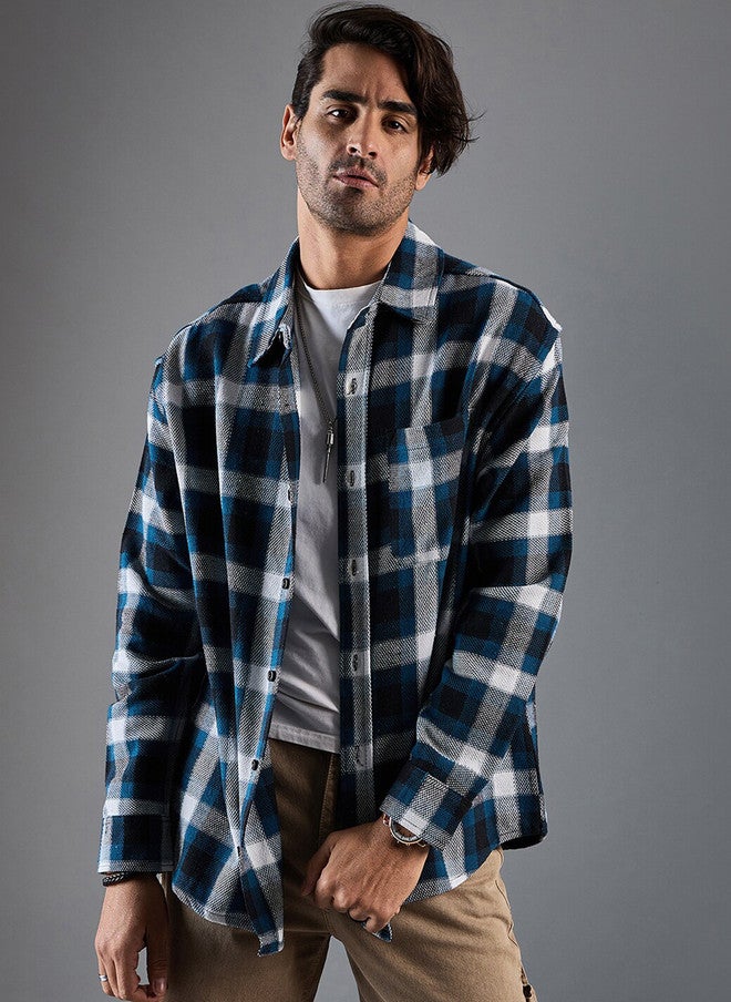 CHIMPAAANZEE Oversized Tartan Checked Spread Collar Casual Shirt - Image 1